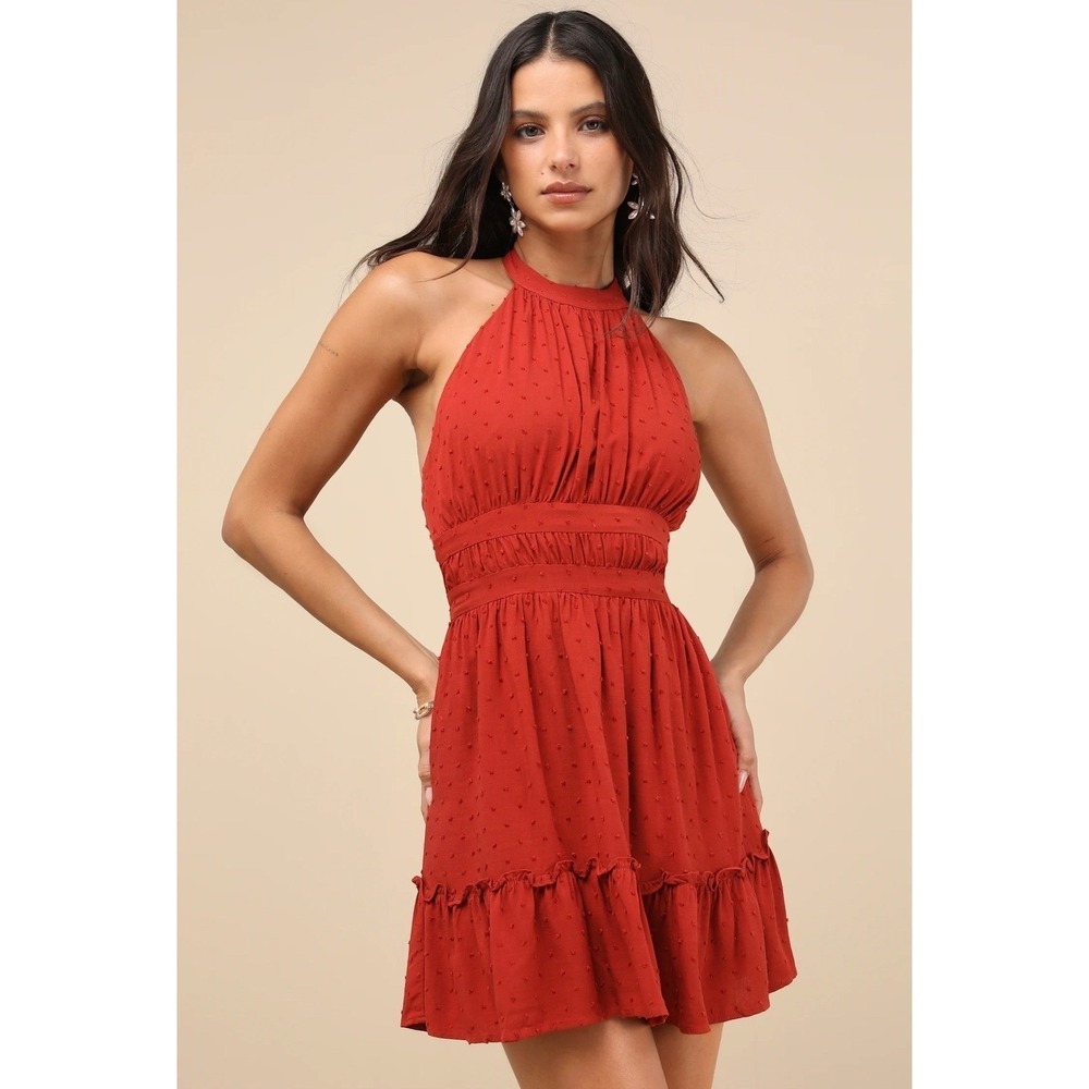 Lulus Red Swiss Dot Halter Mini Dress Smocked Waist Milk Maid Small NWT